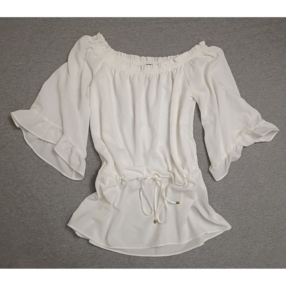 White Peasant Pirate Off Shoulder Bell Sleeve Blouse Drawstring Sm Beige by ECI